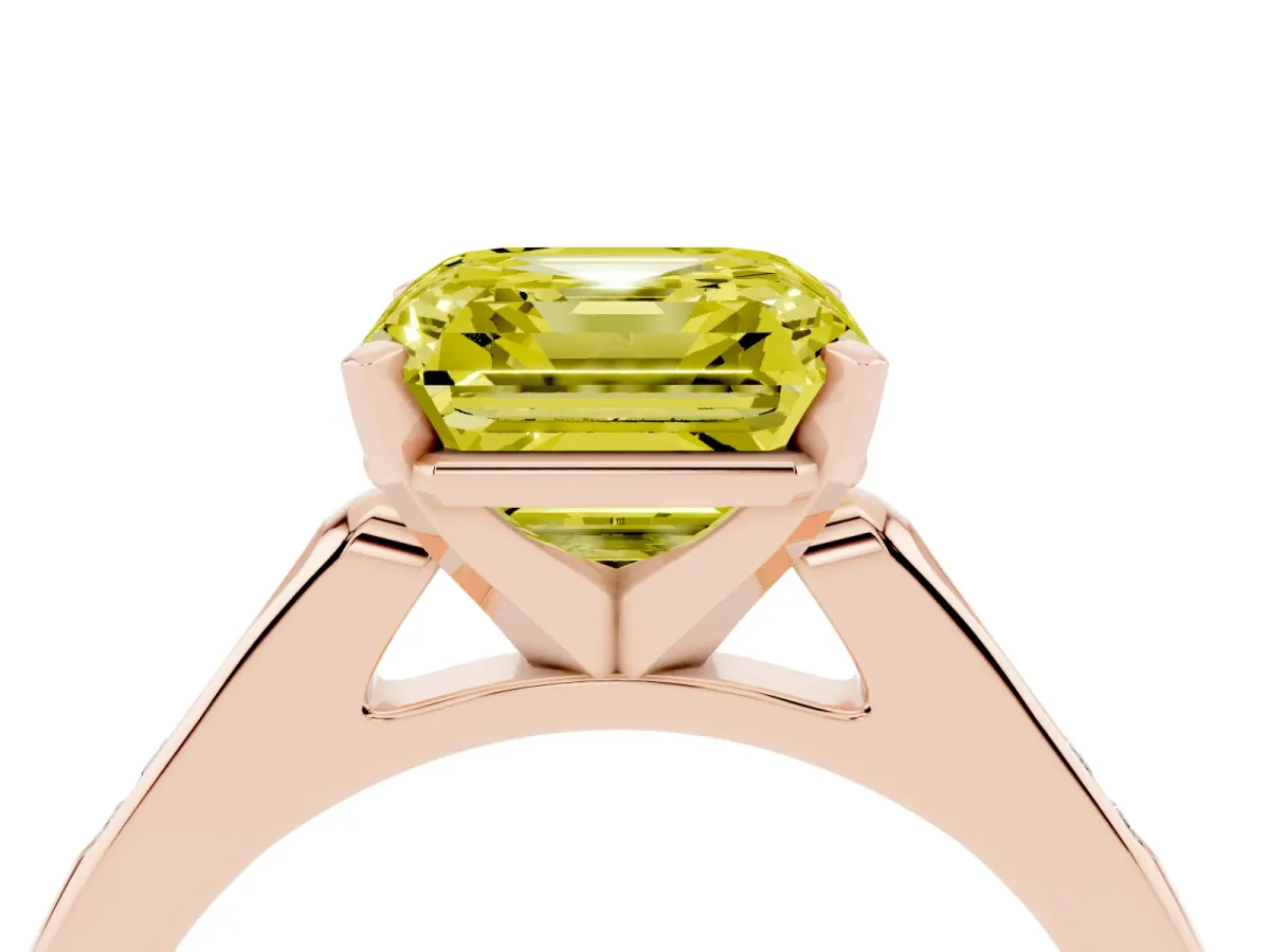 Fancy Yellow Asscher Cut Diamond Solitaire Ring with Channel Set Round Band and Prong Setting Rose gold