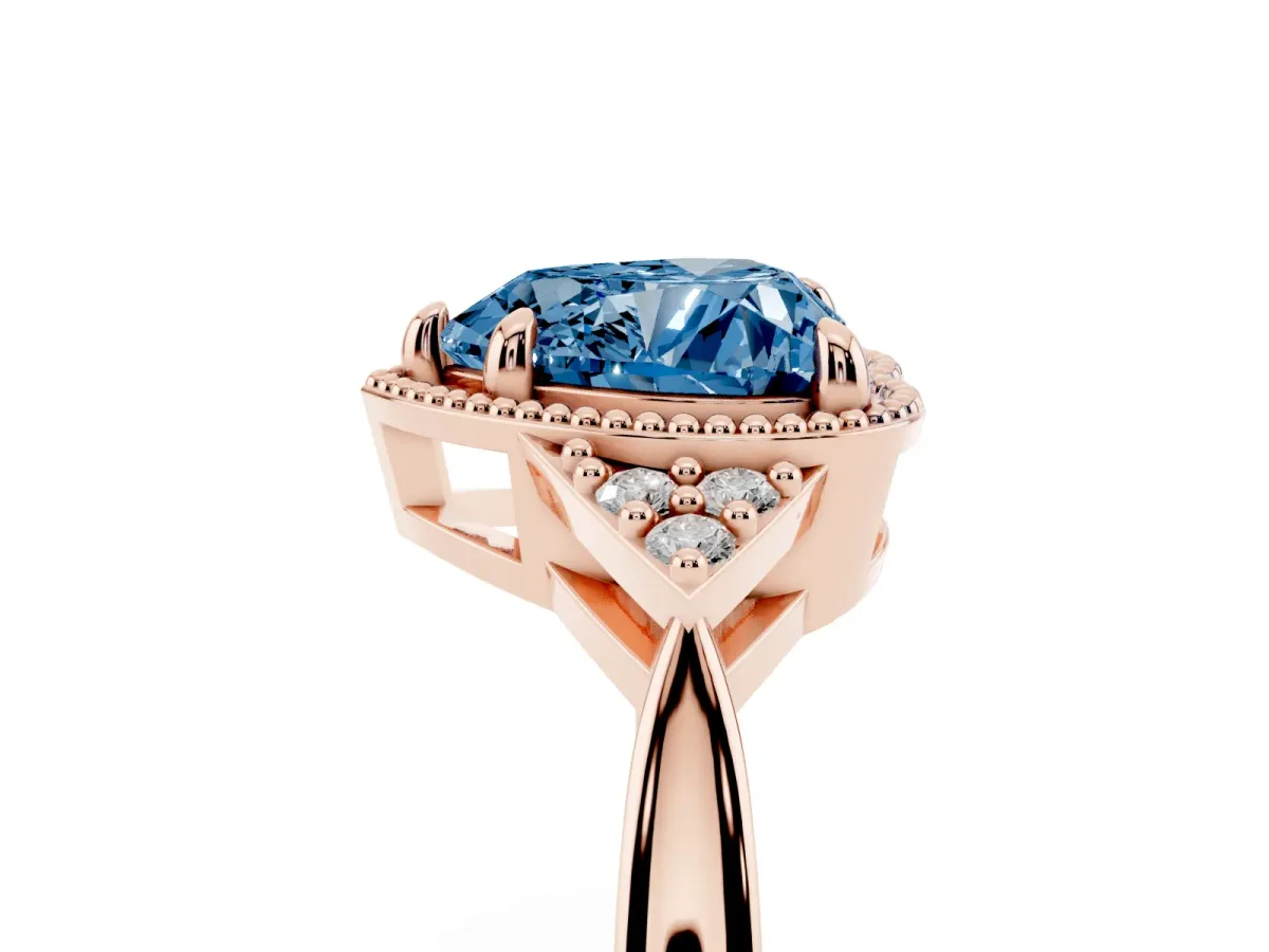 Fancy Blue Milgrain Heart Cut Cut Diamond Ring with Tapered Pave Band and Four Prong Setting Rose gold