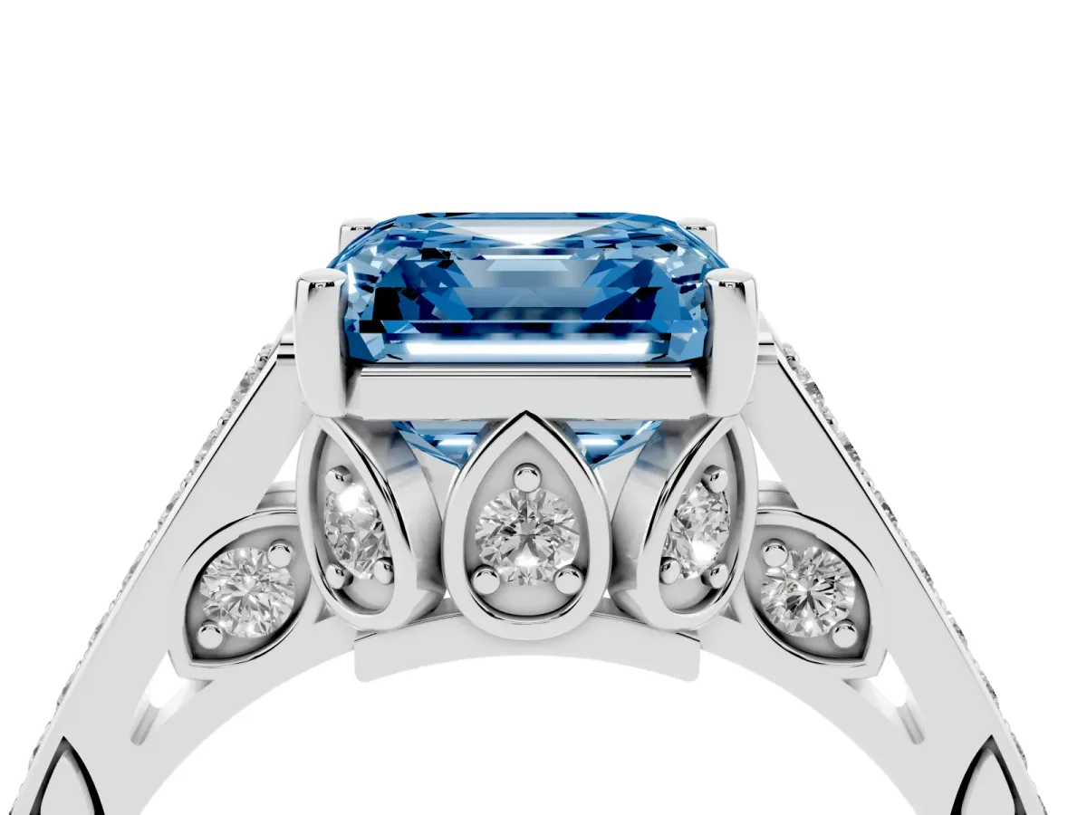 Fancy Blue Asscher Cut Cut Cathedral Pave Diamond Engagement Ring with Six-Prong Setting Silver