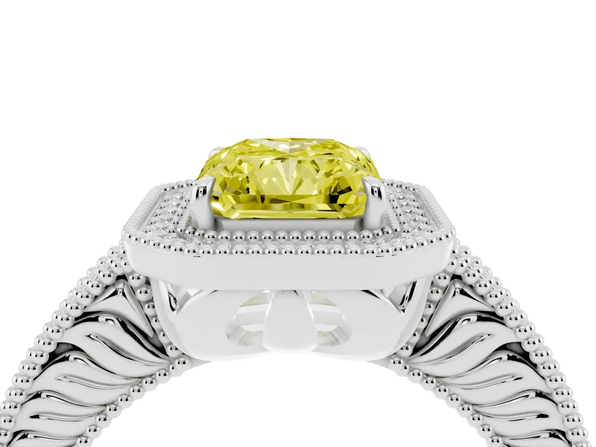 Fancy Yellow Radiant Cut Cut Halo Diamond Ring with Pavé Band and Four-Prong Setting Silver