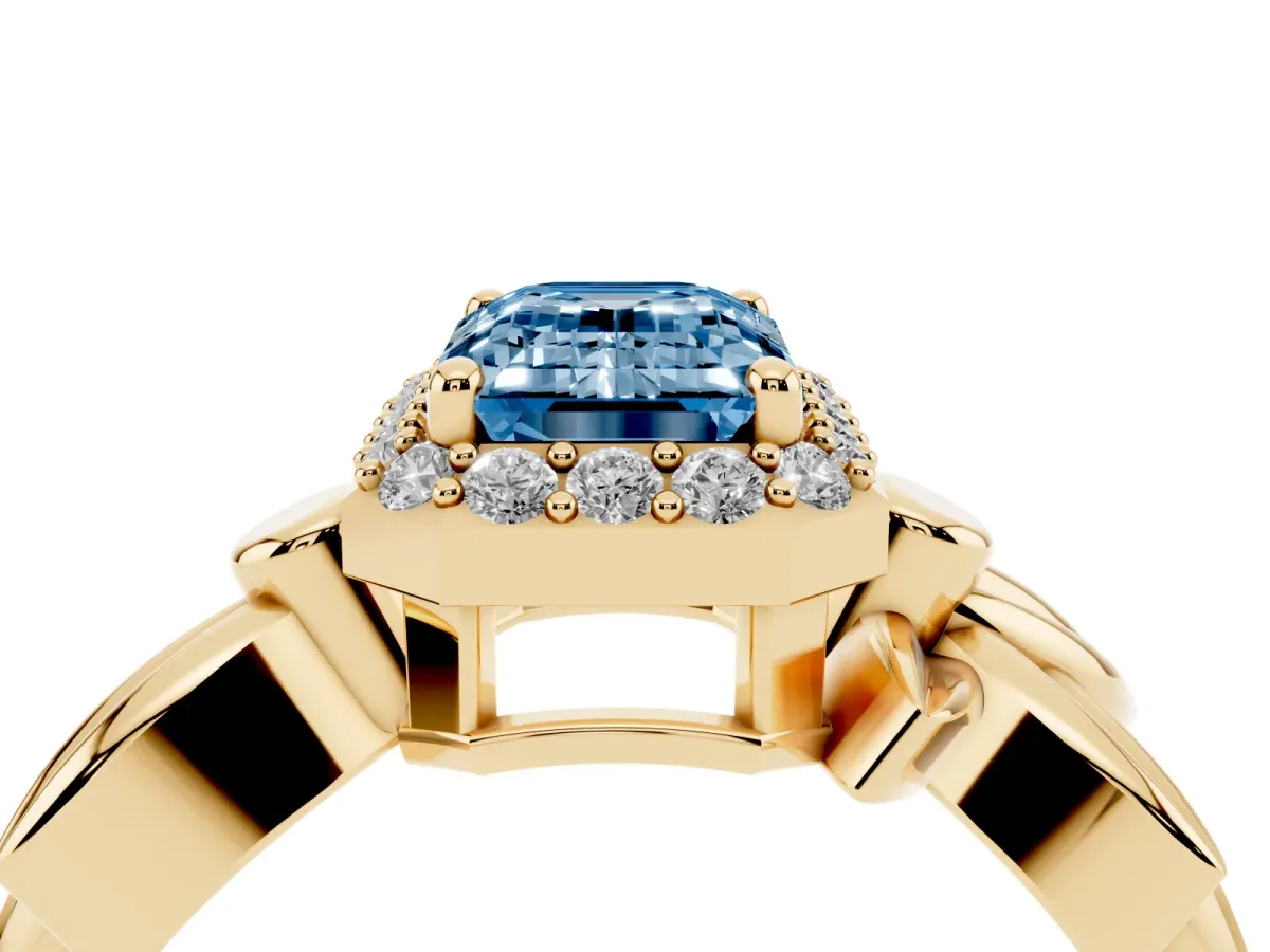 Fancy Blue Emerald Cut Halo Diamond Floral Band with Four-Prong Setting Yellow gold