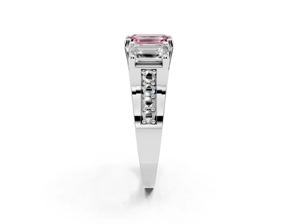 Fancy Pink Emerald Cut Diamond Three-Stone Ring with Channel Set Band and Four-Prong Setting Silver