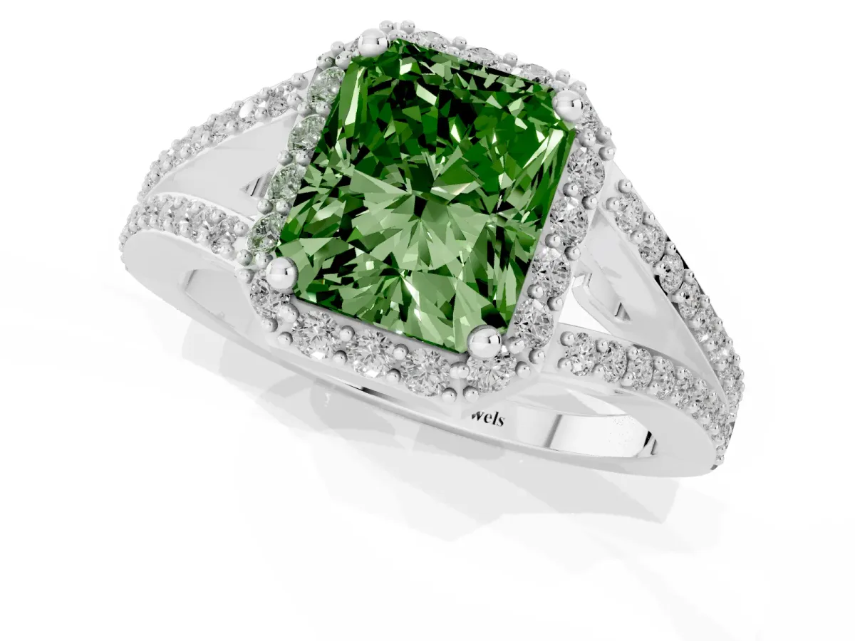Fancy Green Radiant Cut Halo Split Shank Pave Diamond Ring with Four-Prong Setting Platinum