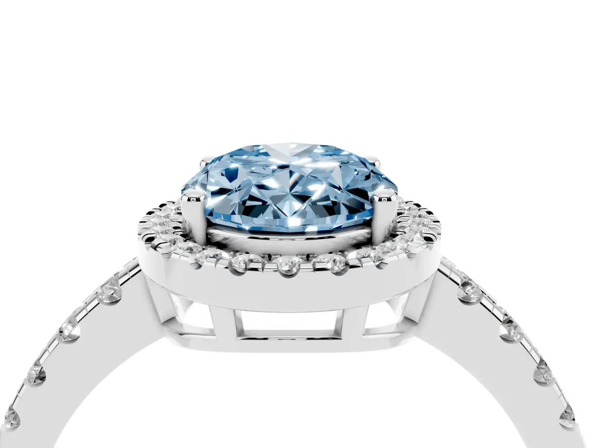 Fancy Blue Oval Cut Diamond Halo Ring with Pavé Band and Four-Prong Setting White gold