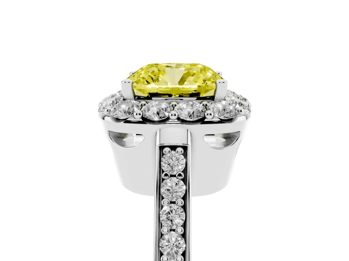 Fancy Yellow Cushion Cut Diamond Floral Halo Ring with Pavé Band and Prong Setting Platinum