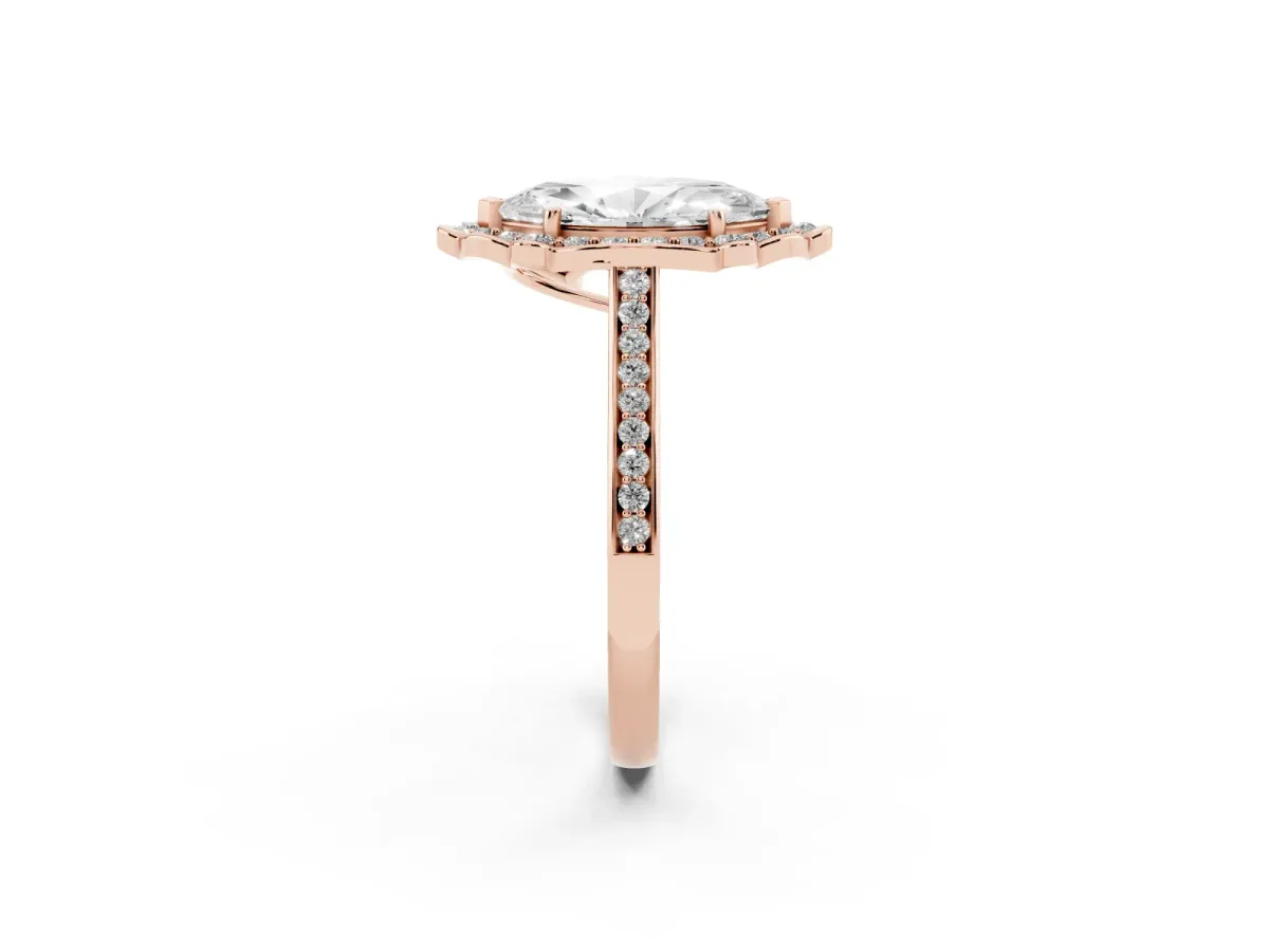 Marquise Cut Halo Round Diamond Pave Band with Four-Prong Setting Rose gold