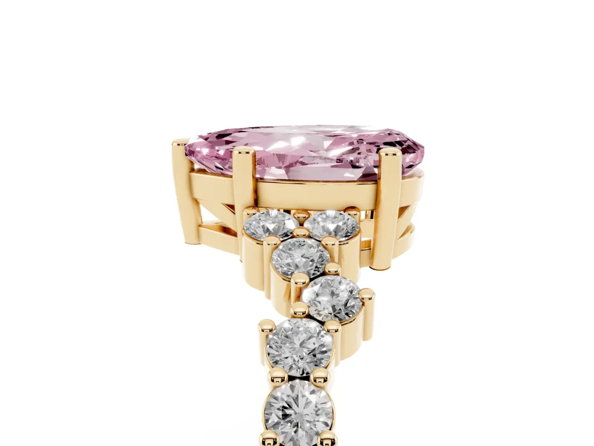 Fancy Pink Pear Cut Diamond Scattered Round Accent Ring with Prong Setting Yellow gold