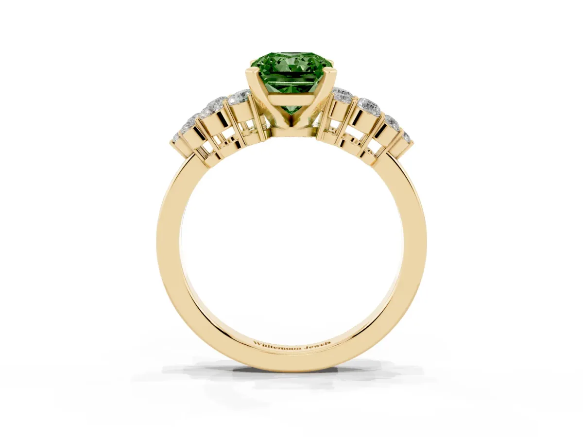 Fancy Green Radiant Cut Cluster Diamond Engagement Ring with Pavé Band and Four-Prong Setting Yellow gold