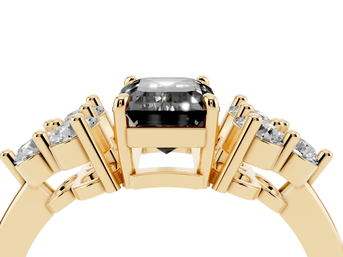 Fancy Black Emerald Cut Brilliant Diamond Cluster Accent Solitaire Ring with Prong Setting Yellow gold