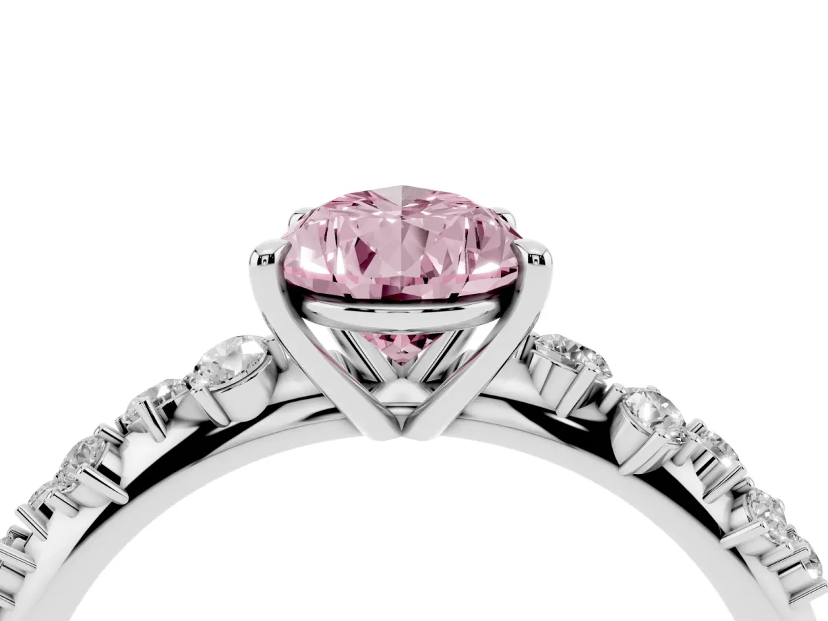 Fancy Pink Pear Cut Diamond Cluster Side Stone Solitaire Ring with Prong Setting Silver