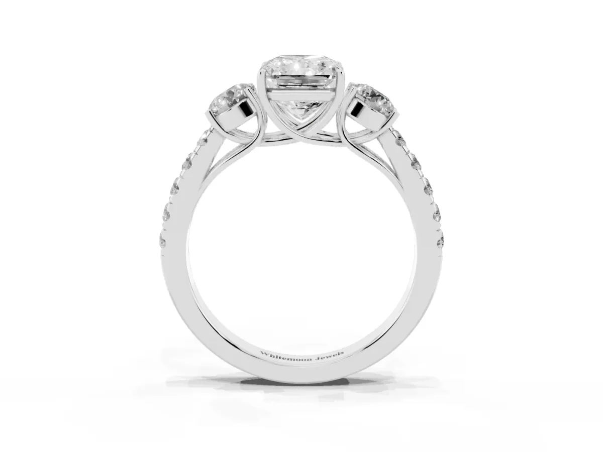 Radiant Cut Cut Diamond Three-Stone Ring with Round Side Stones and Pavé Band Silver