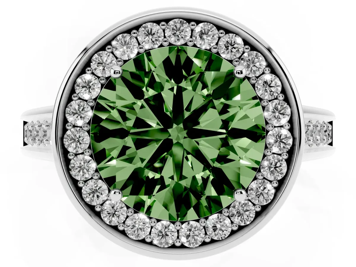 Fancy Green Round Cut Halo Solitaire Diamond Ring with Pave Band and Bezel Setting Silver