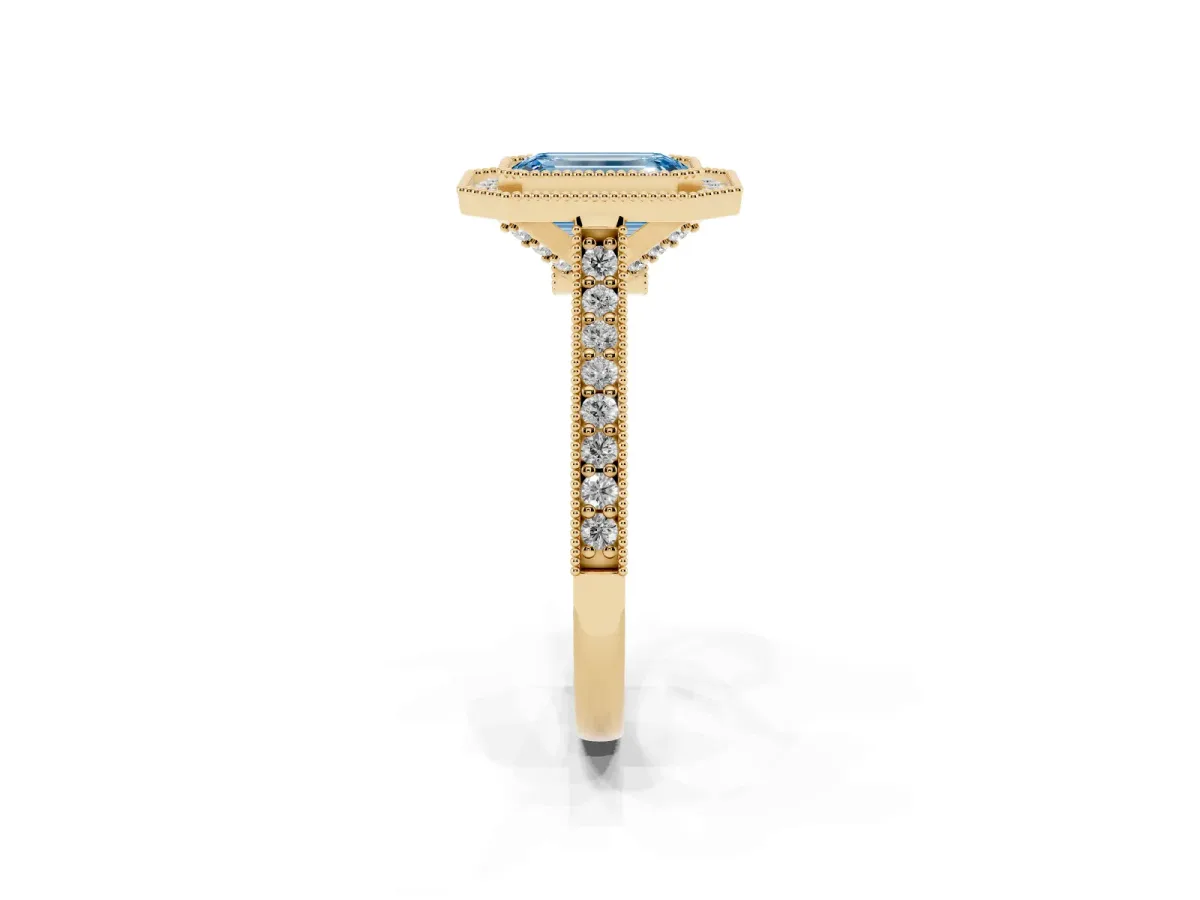 Fancy Blue Halo Emerald Cut-Cut Diamond Pave Band Milgrain Prong Setting Ring Yellow gold