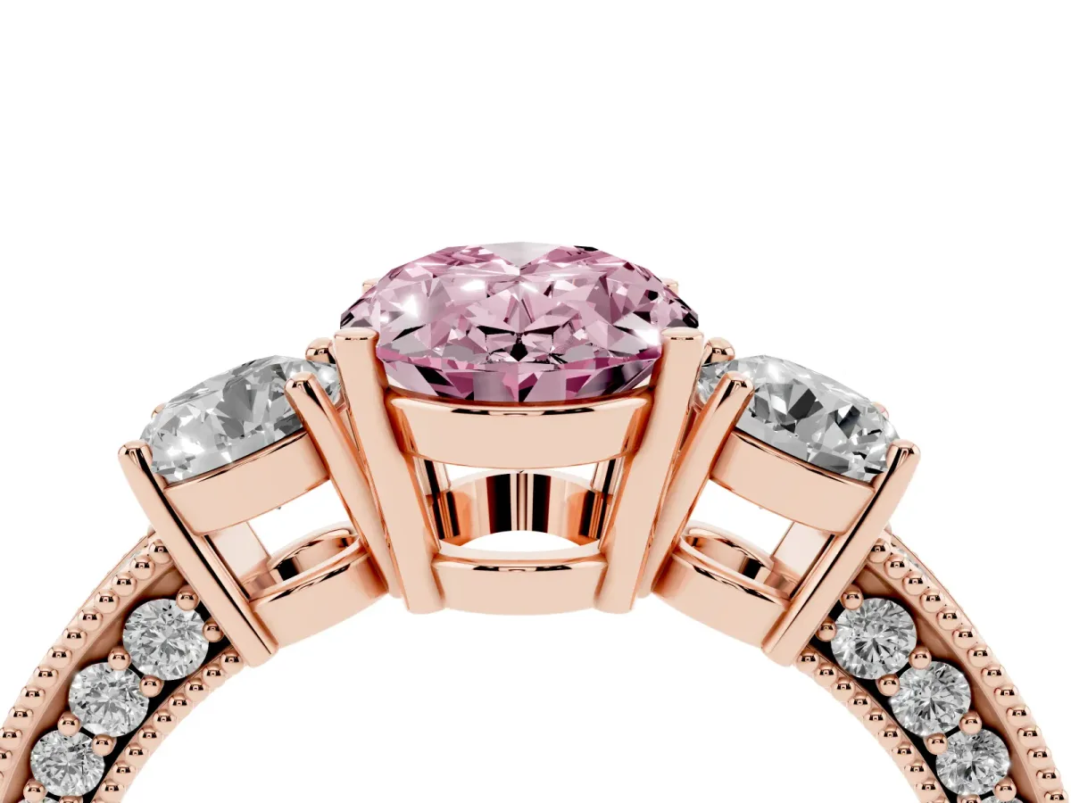Fancy Pink Oval Cut Three-Stone Diamond Ring with Pavé Band and Four-Prong Setting Rose gold