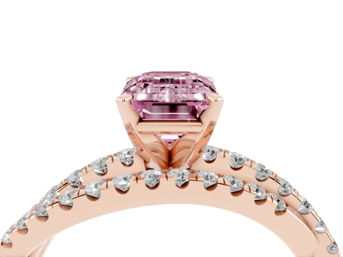 Fancy Pink Emerald Cut Solitaire Twist Band with Pavé Setting and Four-Prong Setting Rose gold