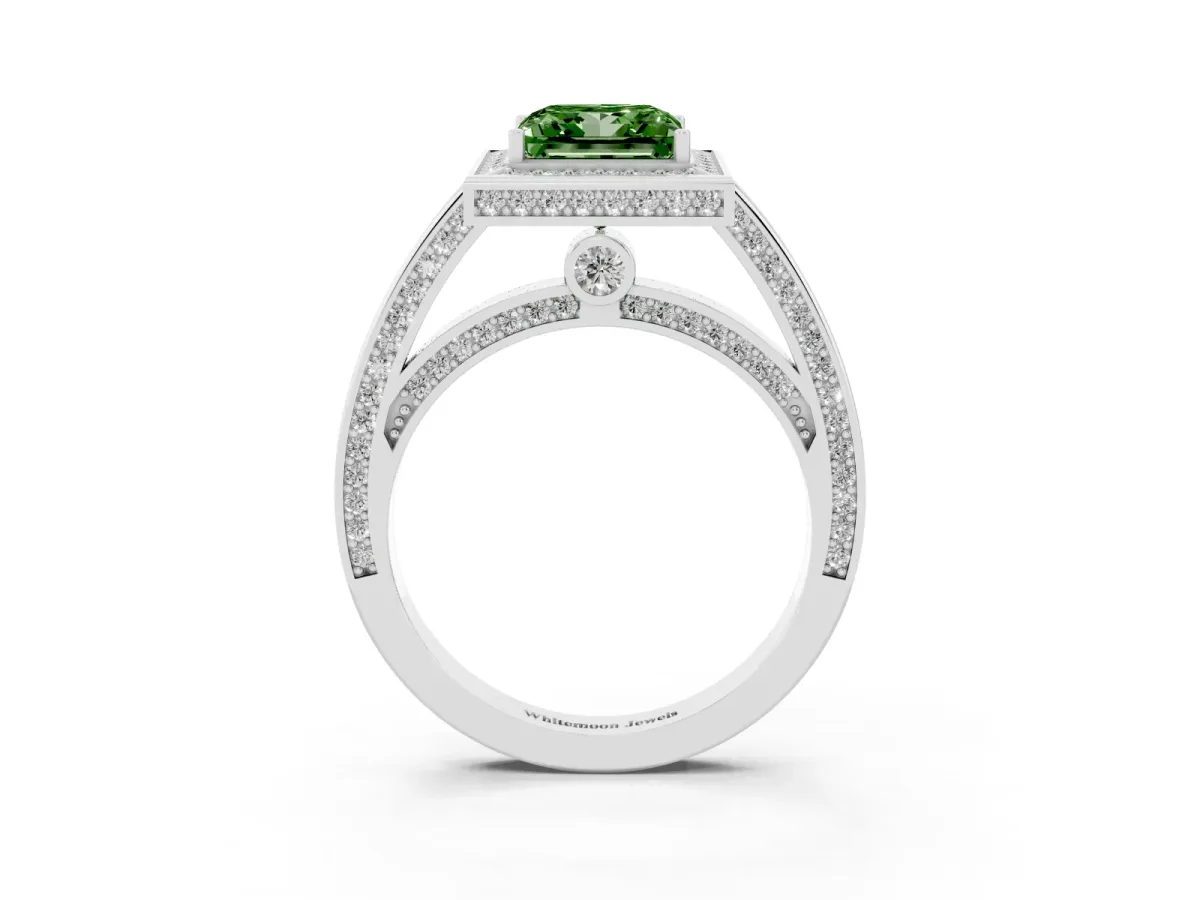 Fancy Green Princess Cut Cut Halo Pave Split Shank Prong Setting Ring Platinum