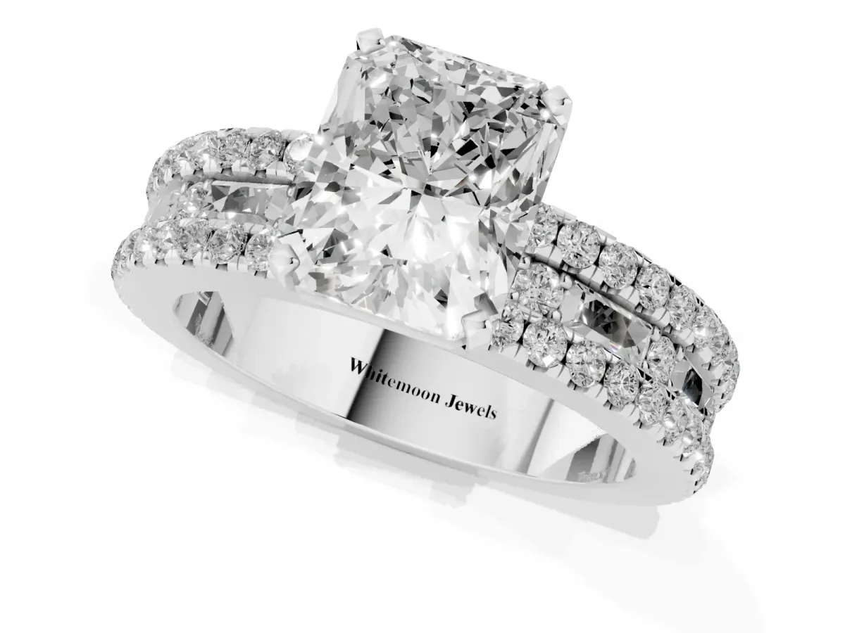 Radiant Cut Diamond Solitaire Ring with Pavé and Channel Set Band Silver
