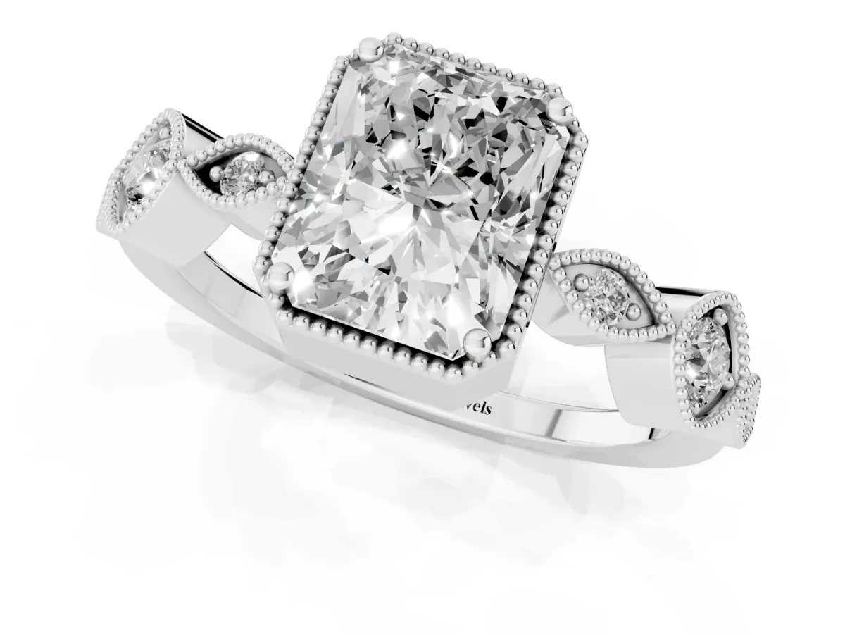 Radiant Cut Diamond Vintage Milgrain Ring with Round Stations Silver