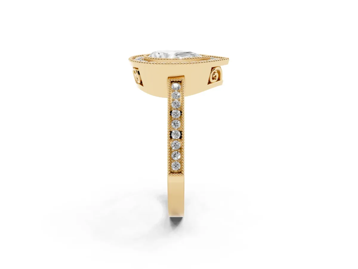Pear Cut Cut Halo Diamond Ring with Pavé Band and Milgrain Prong Setting Yellow gold