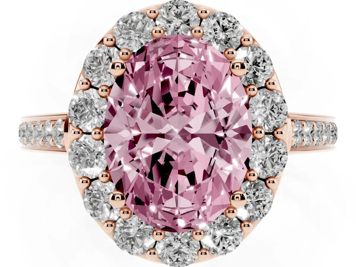 Fancy Pink Oval Cut Diamond Floral Halo Ring with Pavé Band and Prong Setting Rose gold