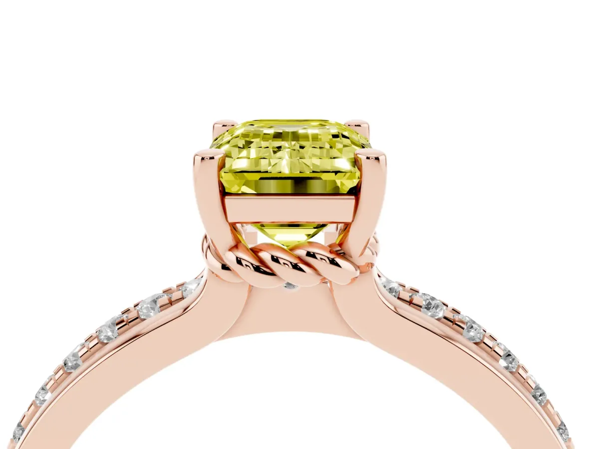 Fancy Yellow Emerald Cut Solitaire Diamond Ring with Channel Set Band and Six-Prong Setting Rose gold
