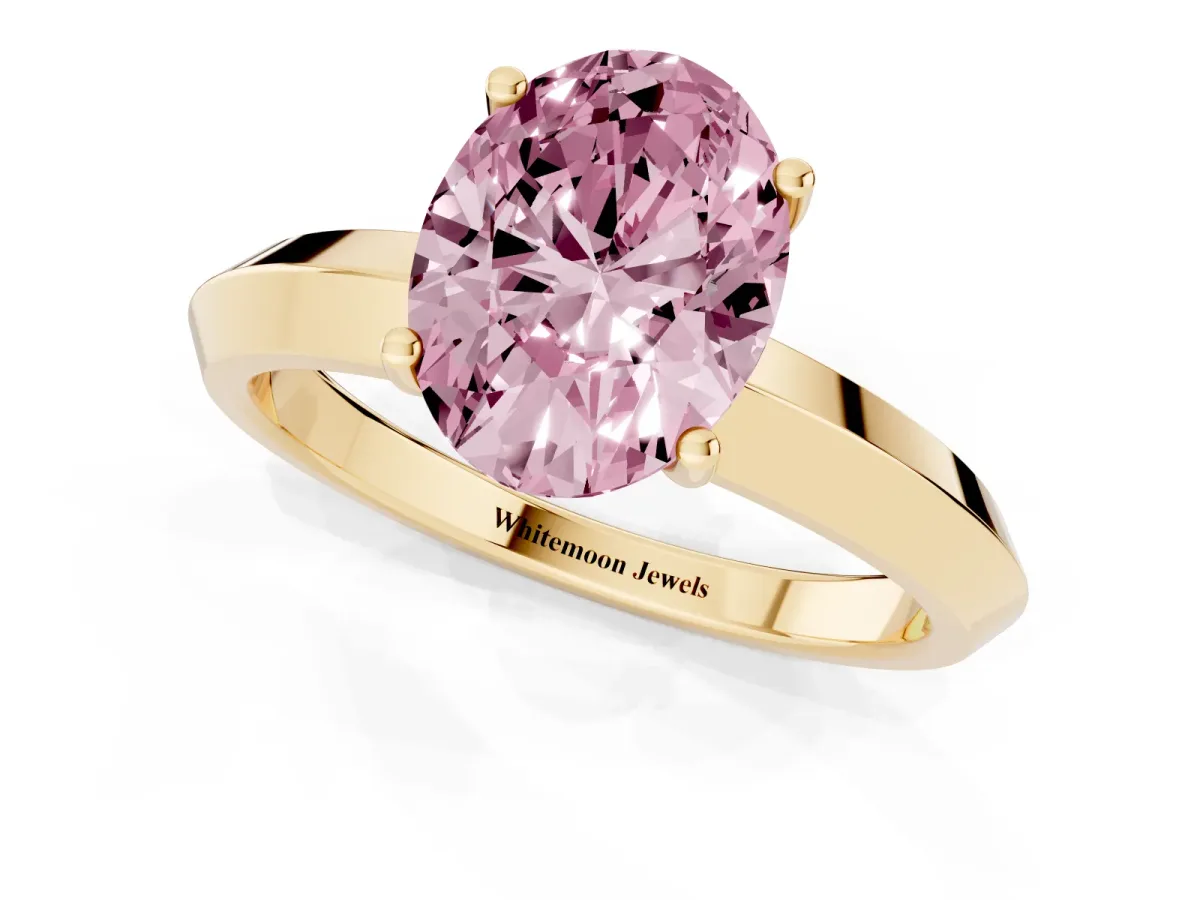 Fancy Pink Oval Cut Cut Solitaire Engagement Ring with Flat Band and Four-Prong Setting Yellow gold