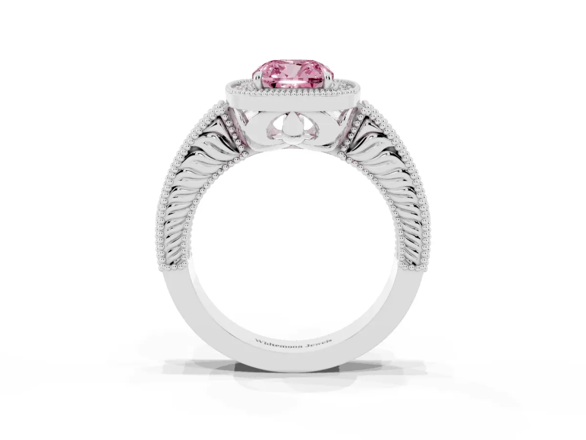 Fancy Pink Cushion Cut Cut Halo Diamond Ring with Pavé Band and Four-Prong Setting Platinum