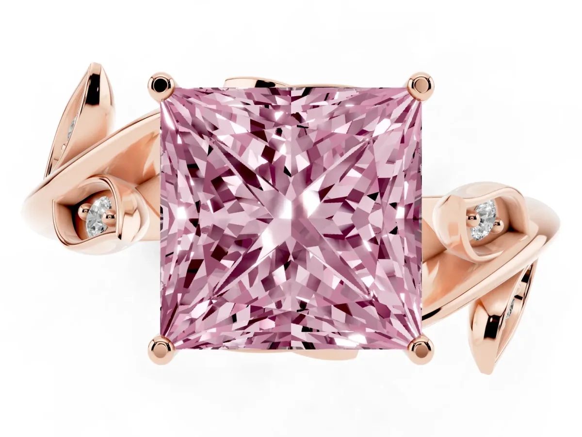 Fancy Pink Princess Cut Solitaire Twist Engagement Ring with Leaf Accents and Prong Setting Rose gold