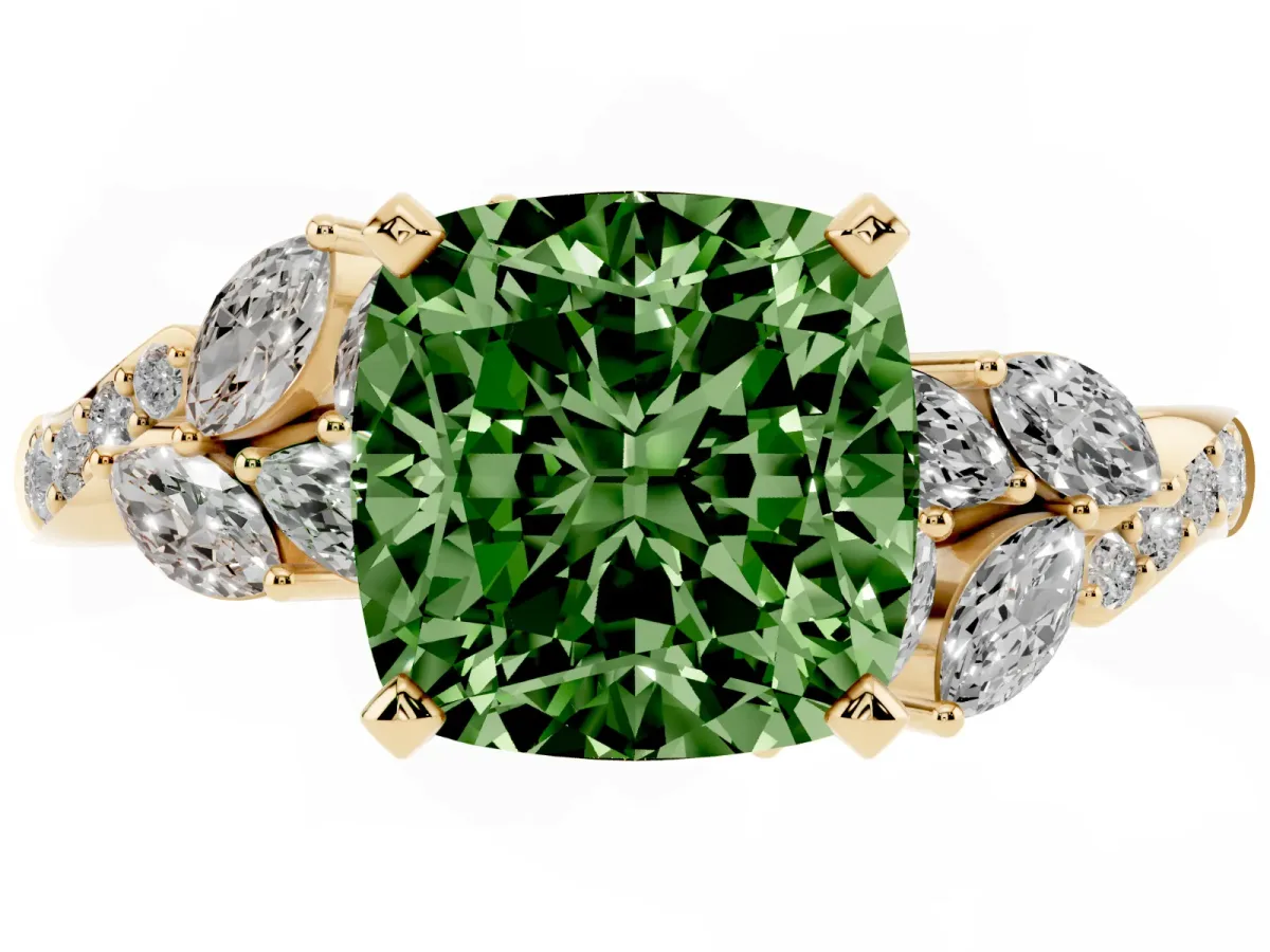 Fancy Green Cushion Cut Solitaire Marquise Twist Band with Six-Prong Setting Yellow gold