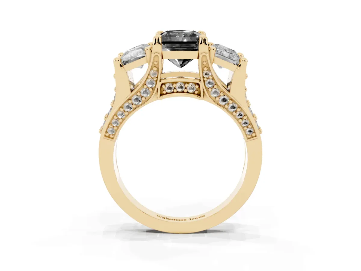 Fancy Black Radiant Cut Diamond Three-Stone Ring with Channel Set Band and Four-Prong Setting Yellow gold