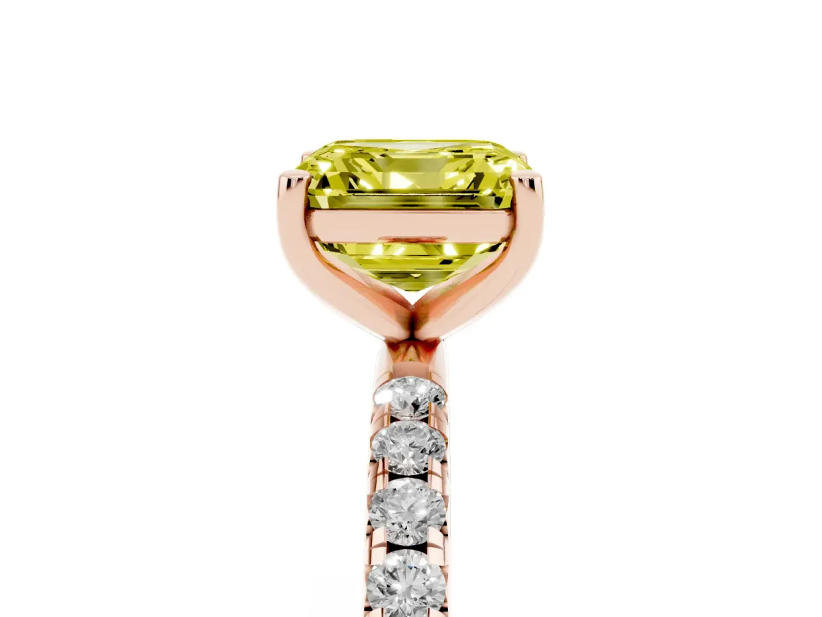 Fancy Yellow Asscher Cut Cut Diamond Solitaire Ring with Micro Pave Band and Four Prong Setting Rose gold