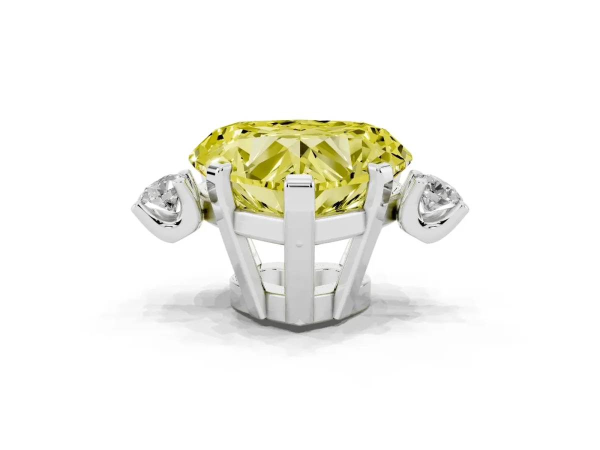 Fancy Yellow Heart Cut Cut Three-Stone Solitaire Ring with Round Accent Diamonds and Four-Prong Setting Silver
