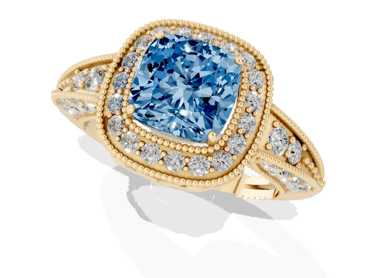 Fancy Blue Cushion Cut Halo Diamond Split Shank Ring with Milgrain Detail Yellow gold