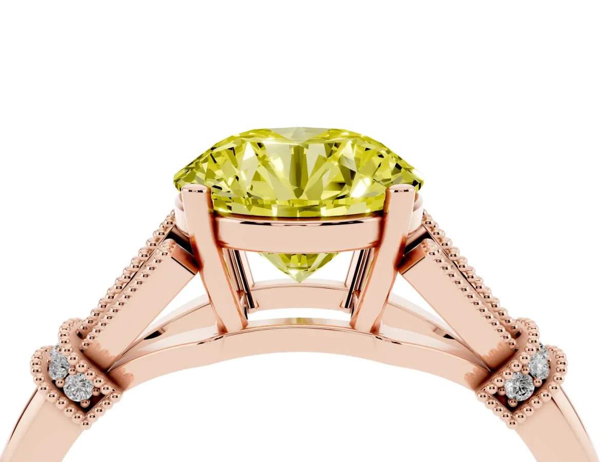 Fancy Yellow Round Cut Diamond Solitaire Ring with Floral Filigree and Pave Accents Rose gold