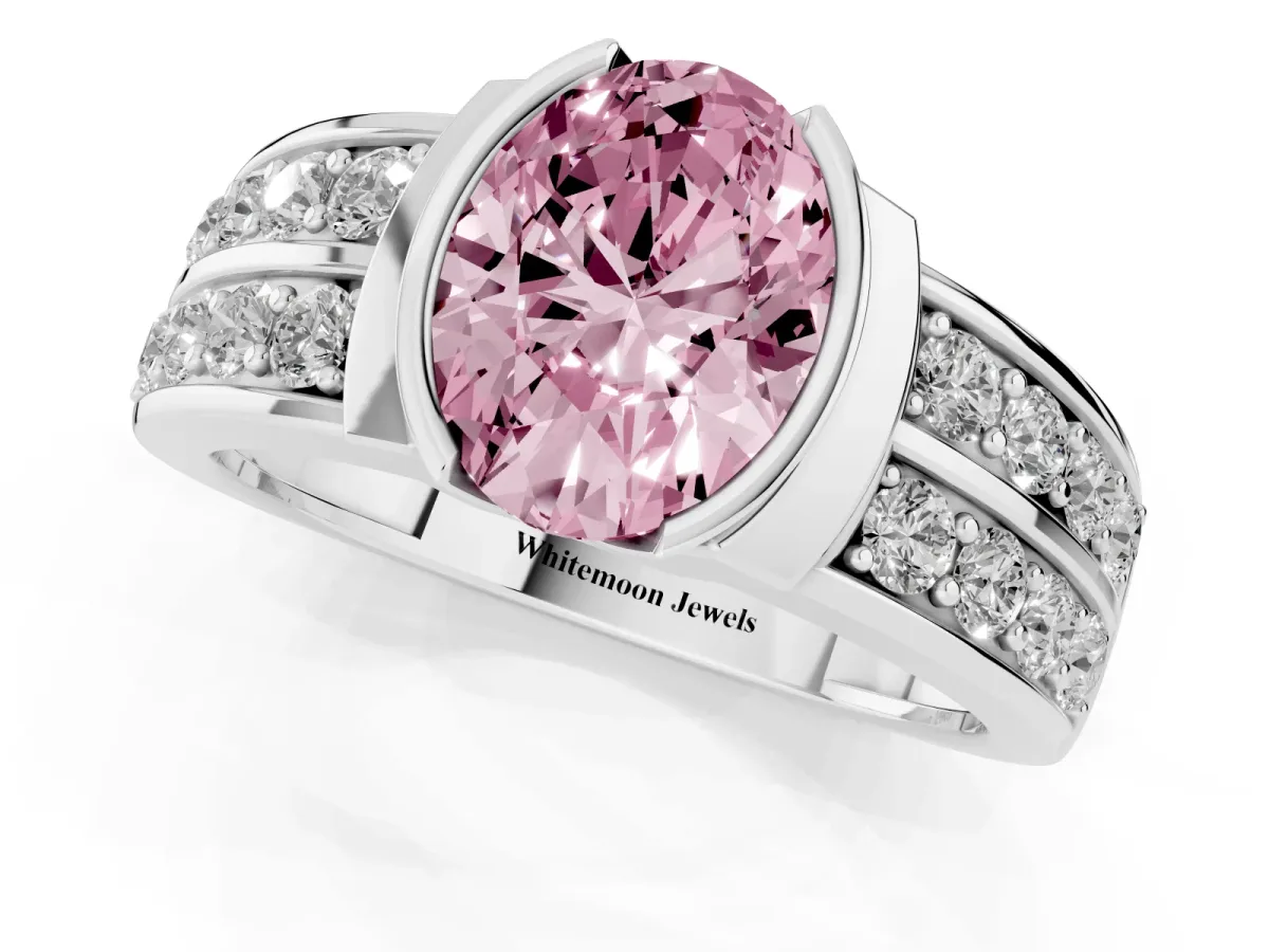 Fancy Pink Oval Cut Brilliant Diamond Channel Set Wide Band Ring with Bezel Setting Silver