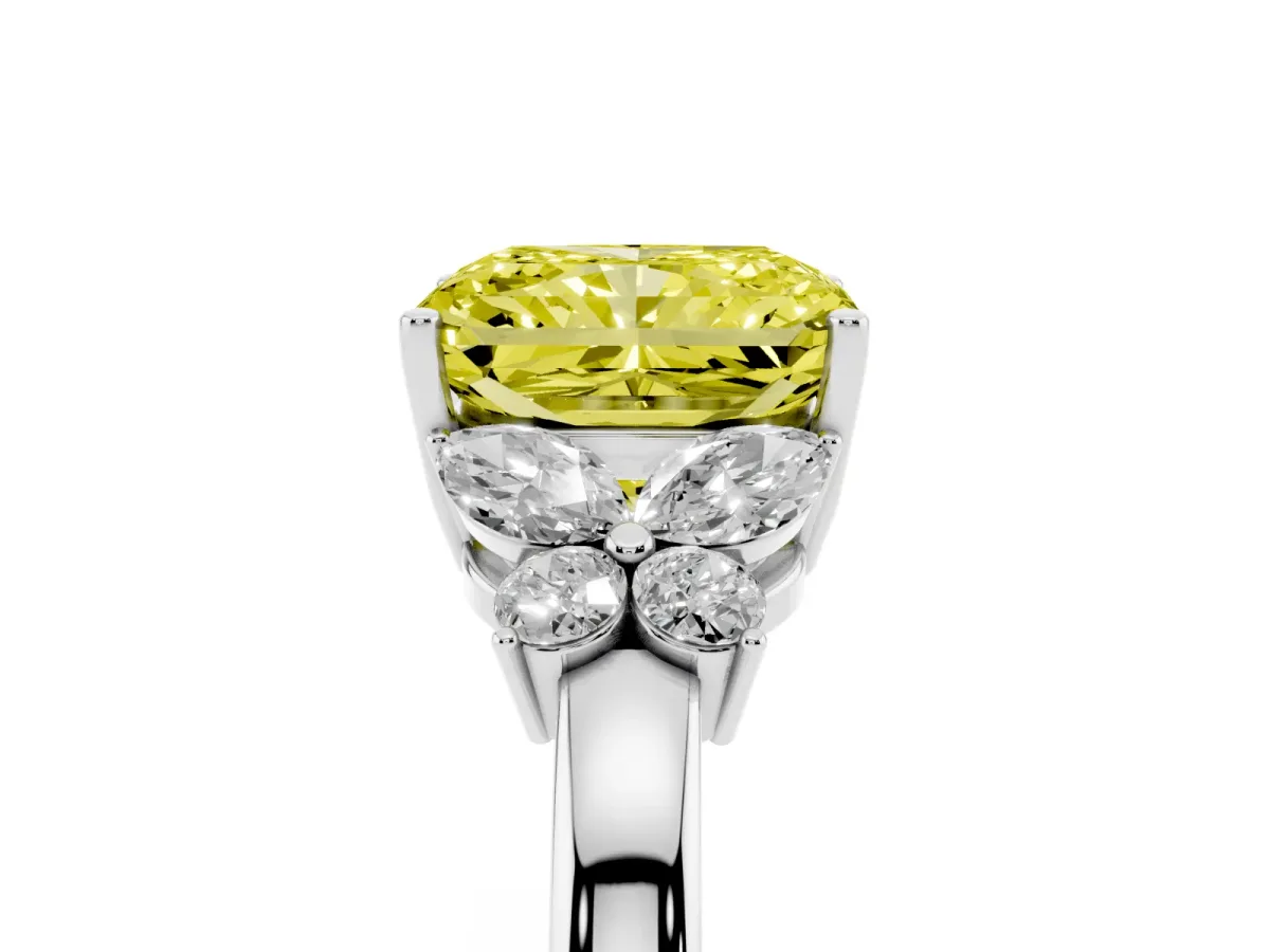 Fancy Yellow Radiant Cut Cut Solitaire Floral Diamond Ring with Four-Prong Setting Silver