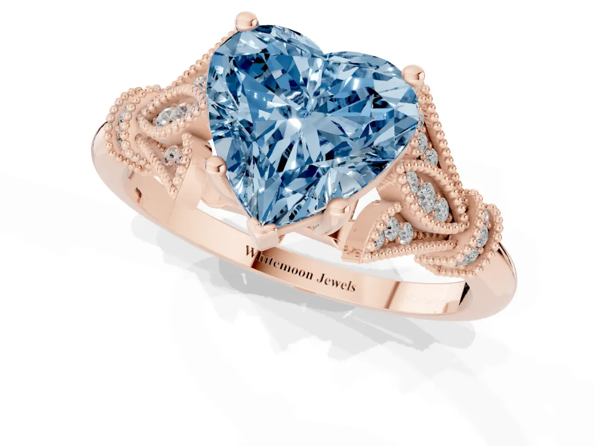 Fancy Blue Heart Cut Diamond Solitaire Ring with Floral Filigree and Pave Accents Rose gold