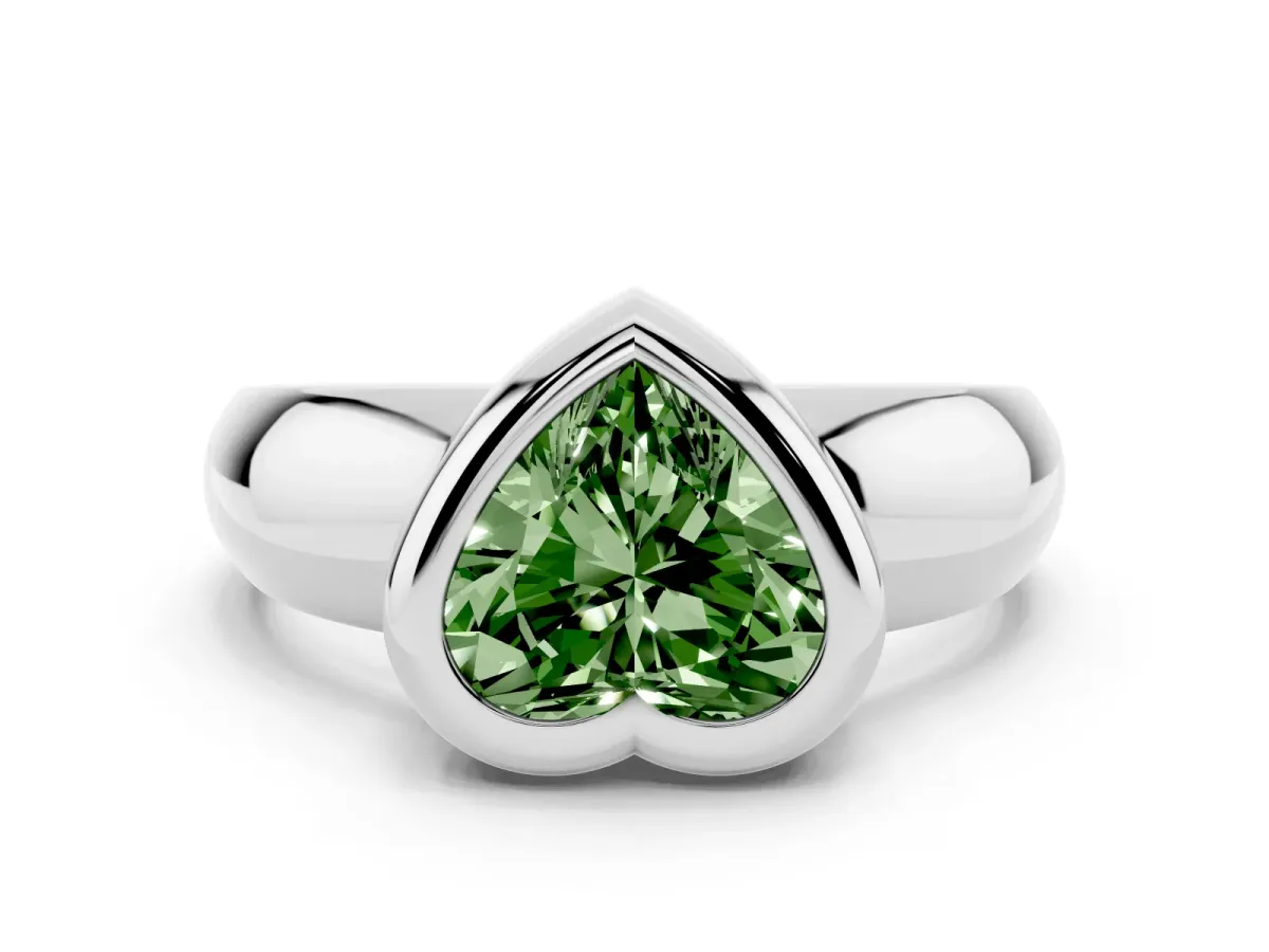 Fancy Green Bezel Set Heart Cut Solitaire Ring with Wide Band Platinum