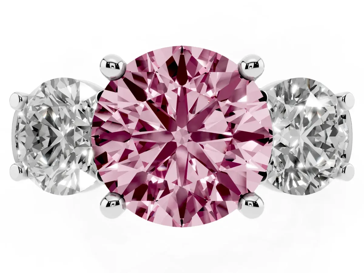 Fancy Pink Three-Stone Round Cut Brilliant Diamond Trellis Ring with Comfort Fit Band Silver