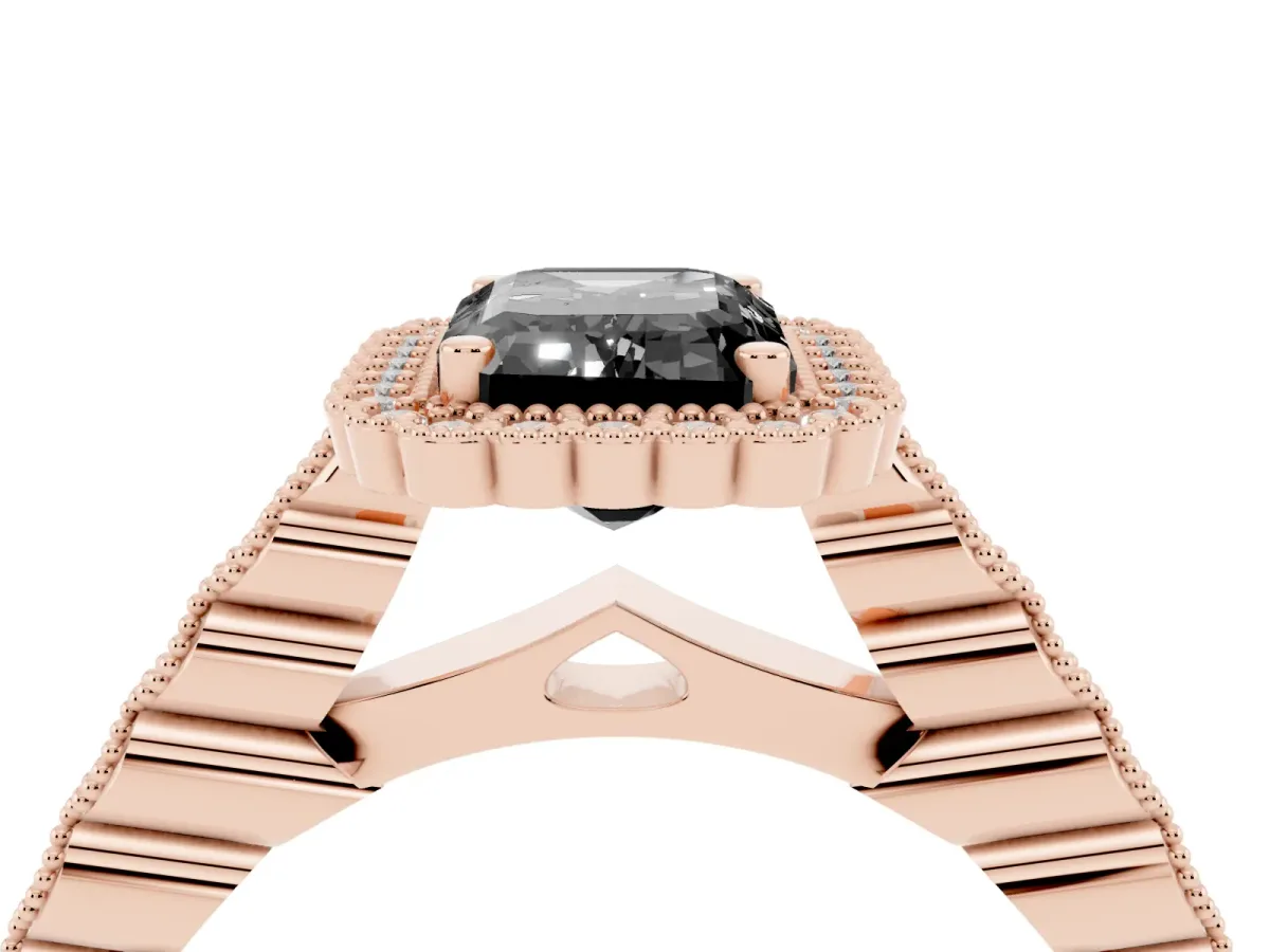 Fancy Black Emerald Cut Cut Halo Pavé Solitaire Ring with Milgrain Band Rose gold