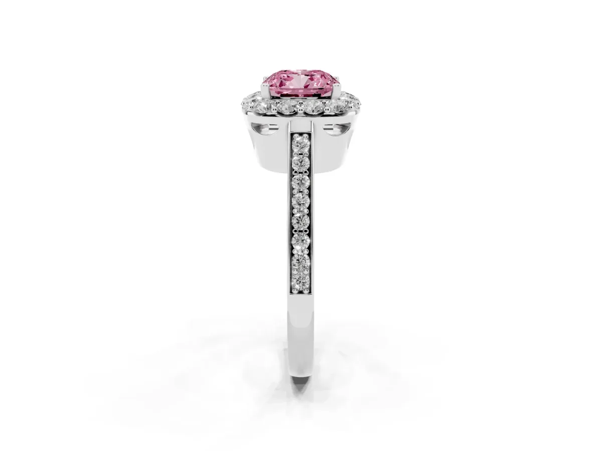 Fancy Pink Cushion Cut Diamond Floral Halo Ring with Pavé Band and Prong Setting White gold