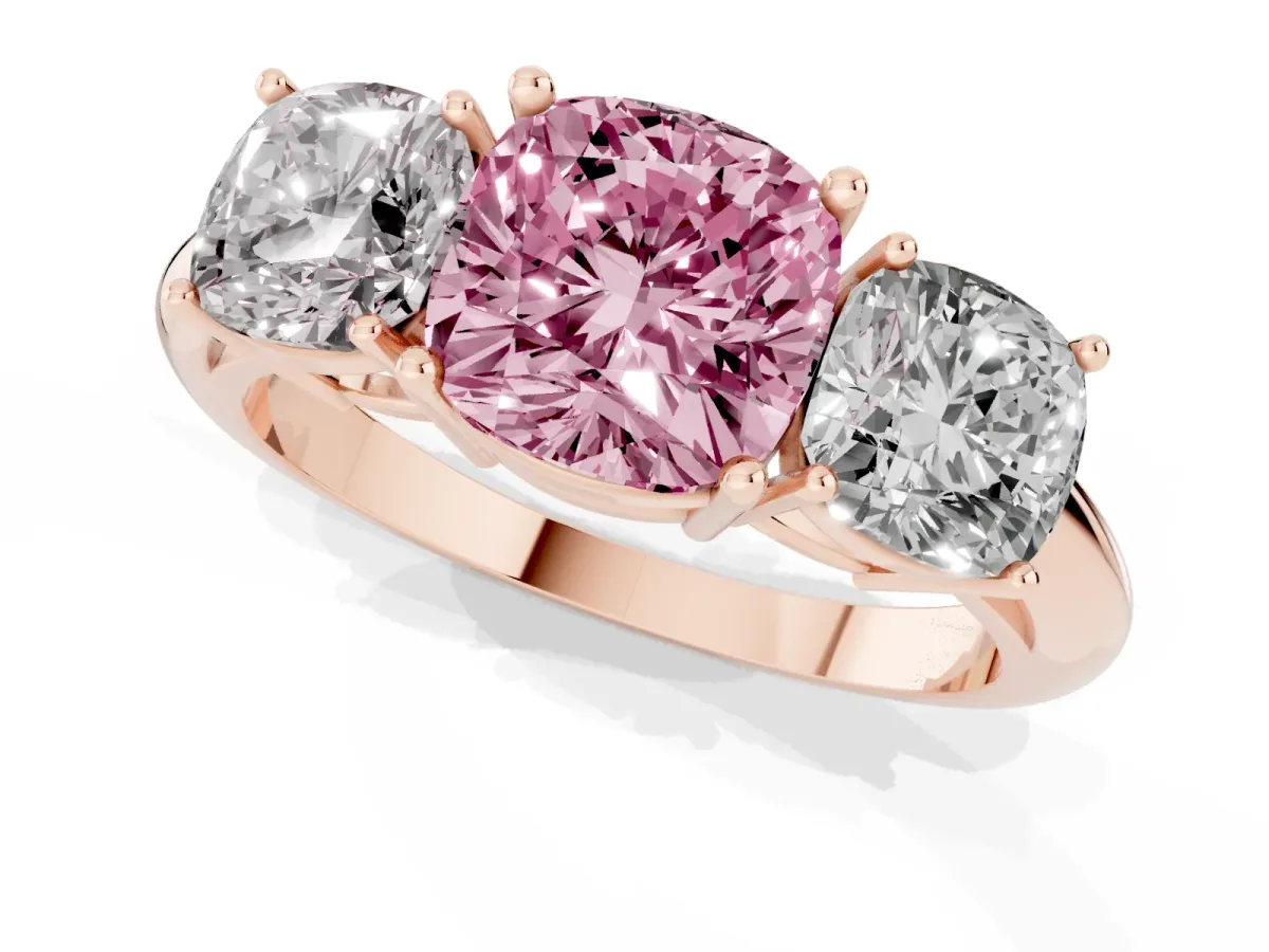 Fancy Pink Three-Stone Cushion Cut Cut Diamond Engagement Ring with Prong Setting on a White Gold Band Rose gold