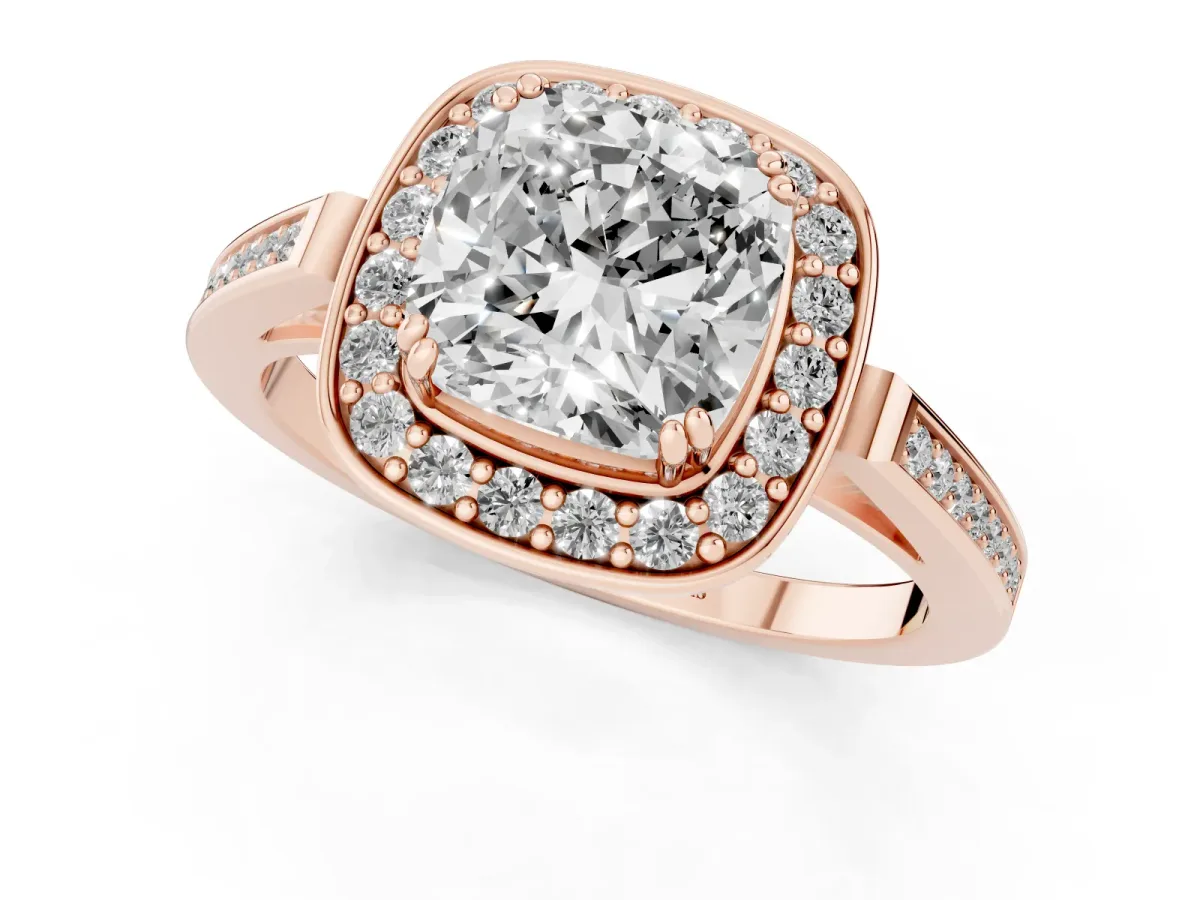 Cushion Cut Diamond Halo Ring with Split Shank and Four-Prong Setting Rose gold