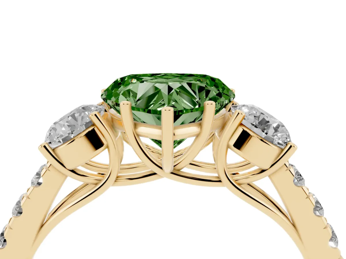 Fancy Green Heart Cut Cut Diamond Three-Stone Ring with Round Side Stones and Pavé Band Yellow gold