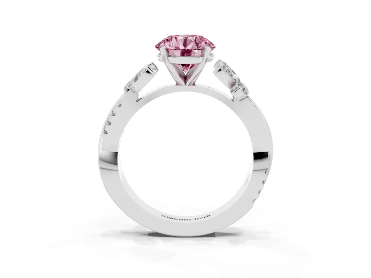 Fancy Pink Round Cut Diamond Floral Vine Solitaire Engagement Ring Silver