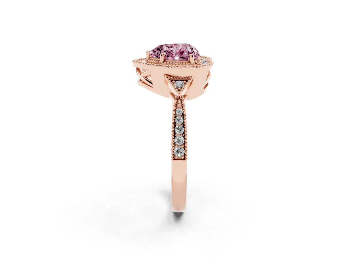 Fancy Pink Heart Cut Halo Round Diamond Milgrain Pave Engagement Ring Rose gold