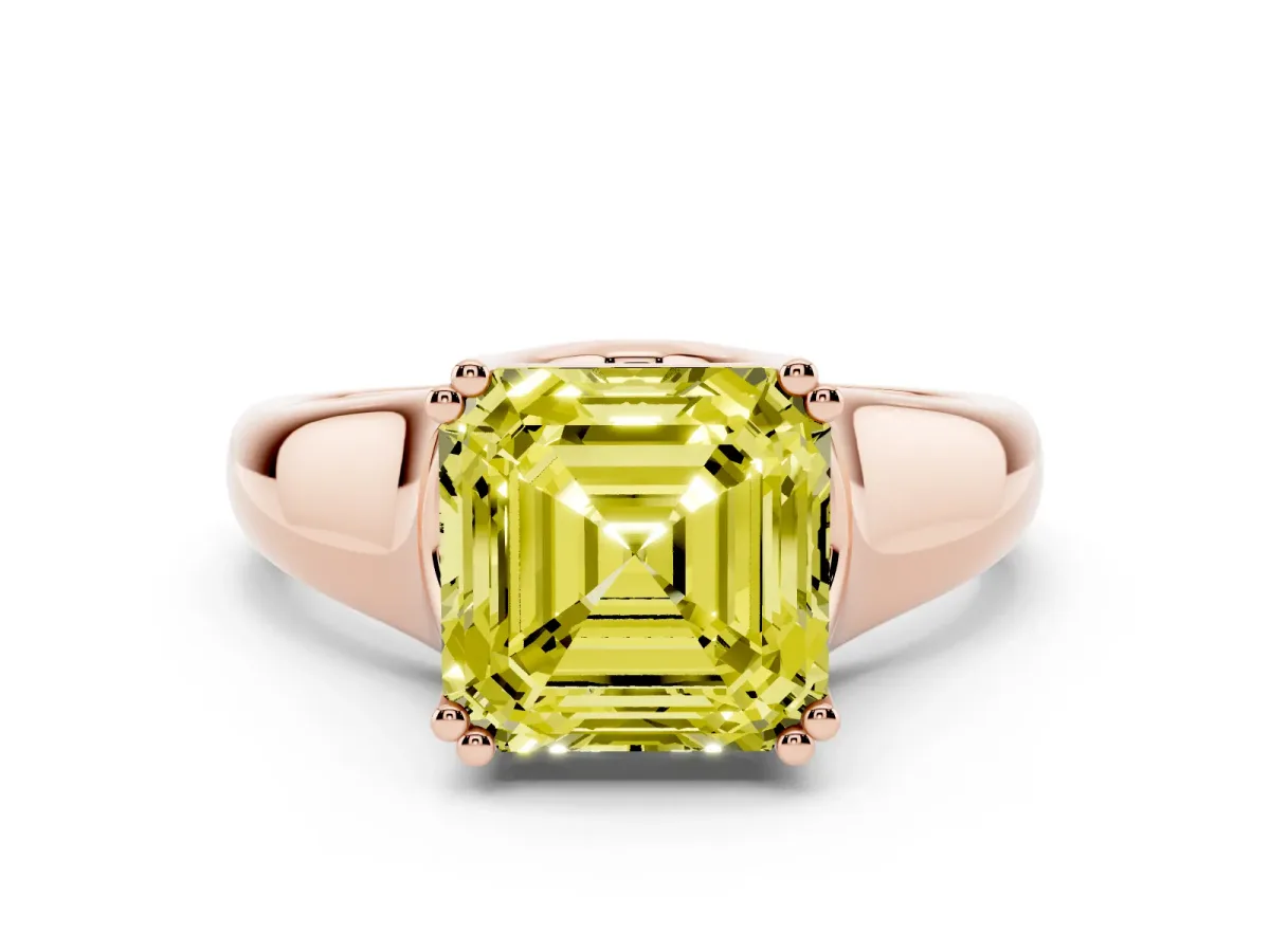 Fancy Yellow Asscher Cut Diamond Solitaire Ring with Wide Band and Prong Setting Rose gold