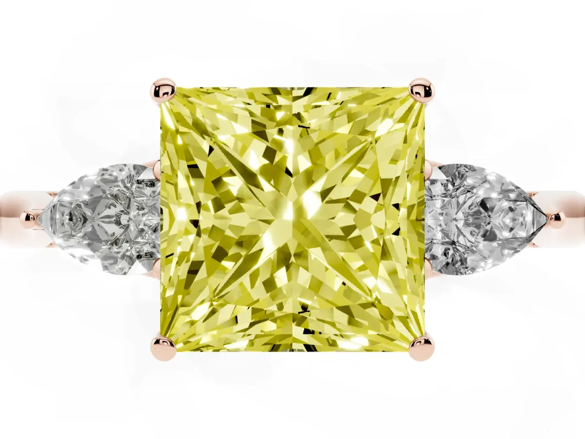 Fancy Yellow Three-Stone Princess Cut Diamond Ring with Pear Side Stones in Four-Prong Setting Rose gold