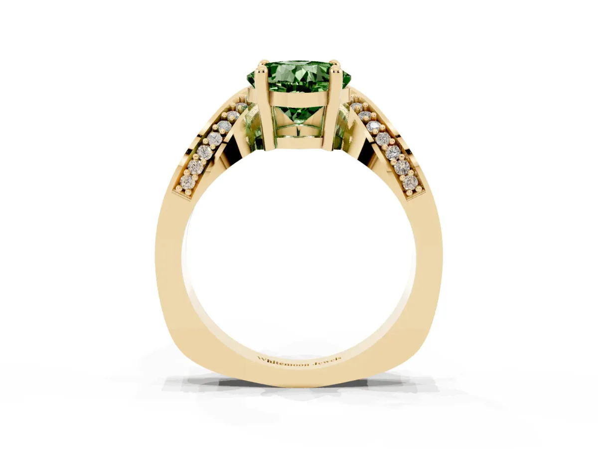 Fancy Green Cushion Cut Solitaire Diamond Engagement Ring with Pave Band and Four-Prong Setting Yellow gold