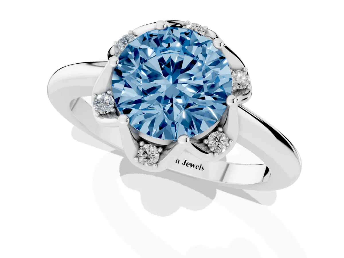 Fancy Blue Round Cut Halo Diamond Ring with Round Cluster Setting, Solitaire Band, and Four-Prong Setting Silver
